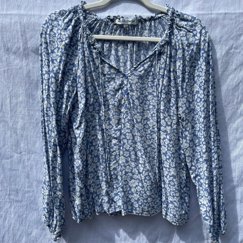 WallFlower Women’s Large Blue & White Floral Long Sleeve Peasant Blouse Boho